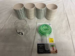 lot 157 image: 4 Porecelain Glasses, Wine Glass, and Mason Jar Infuser