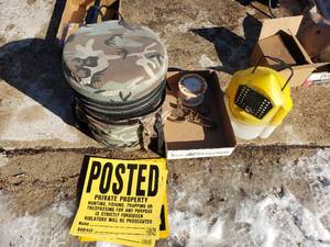 lot 132 image: Ice Fishing Bucket, Rattle Reel, Minnow Bucket, Trap, Posted Signs