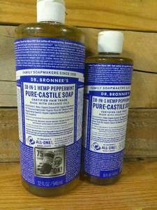 lot 87 image: Lot of 2 Dr. Bronners 18-In-1 Hemp Pure-Castile Liquid Soap - Peppermint - 32 fl oz & 16 fl oz