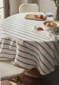 lot 121 image: 70 ROUND TABLECLOTH Threshold Target WHITE W NAVY BLUE STRIPES Oeko-Tex