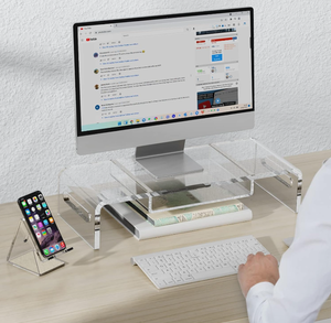 lot 272 image: Zimilar 20 inch Large Monitor Stand Riser with Phone Stand, Crystal Acrylic Monitor Stand with Keyboard Storage