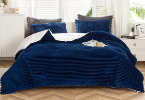 lot 236 image: Reversible Boho Comforter Set King, 3pcs Dark Blue Ball Pom Fringe Aesthetic Striped Velvet Comforter Set