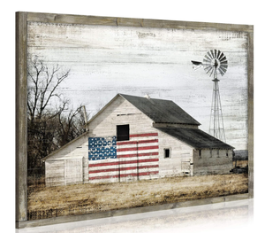 lot 520 image: Rustic Landscape Wooden Picture Artwork - Neutral Color Barn with USA Flag Accent, Measures 40 x 30