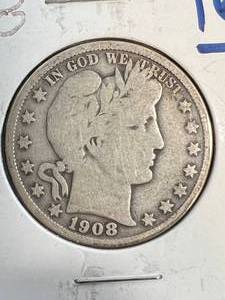 lot 53 image: 1908 US BARBER HALF DOLLAR