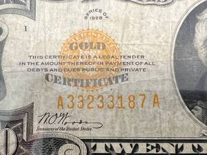 lot 80 image: 1928 US $20 GOLD CERTIFICATE