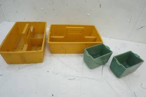 lot 82 image: Yellow Carry Trays, 2 green square old pottery dishes