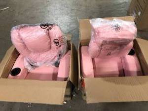 lot 28 image: Lot of 2  HOMESTOCK PinkPVC Recline, Relax, Rule Kids Comfort Champions, Push Back Kids Recliner Chair with Footrest & Cup Holders Customer Returns See Pictures