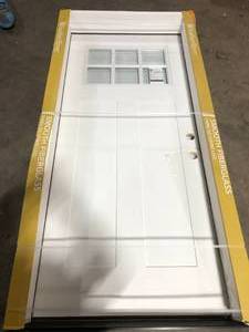 lot 33 image: Feather River Doors 37.5 in. x 81.625 in. 6 Lite Craftsman Unfinished Smooth Left-Hand Inswing Clear Fiberglass Prehung Front Door    Customer Returns See Pictures