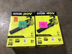 lot 48 image: Lot of 2 RYOBI 40V 110 MPH 525 CFM Cordless Battery Variable-Speed Jet Fan Leaf Blower with 4.0 Ah Battery and Charger  Customer Returns See Pictures