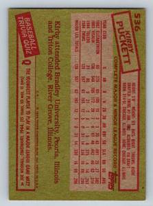 lot 42A image: Kirby Puckett RC 1985 Topps #536 Rookie Minnesota Twins Baseball Card