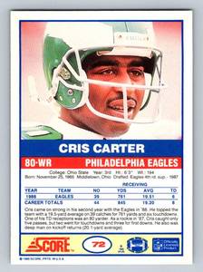 lot 46 image: Cris Carter RC 1989 Score #72 Rookie Minnesota Vikings Football Card