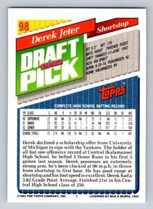 lot 48 image: Derek Jeter RC 1993 Topps #98 Rookie Baseball Card