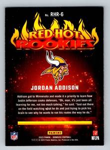 lot 72 image: Jordan Addison RC 2023 Donruss Red Hot Rookies Insert #RHR-6 Minnesota Vikings Rookie Football Card