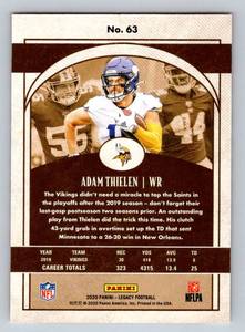 lot 83A image: Adam Thielen 199 2020 Legacy #63, numbered 173199, Minnesota Vikings Football Card