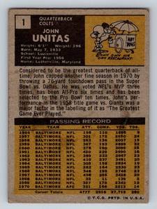 lot 90A image: John Unitas 1971 Topps #1 Vintage Fooball Card