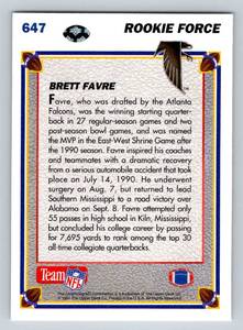 lot 91A image: Brett Favre RC 1991 Upper Deck Rookie Force #647 Football Card