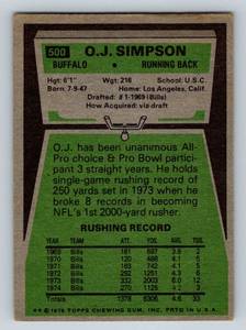 lot 93A image: OJ Simpson 1975 Topps #500 Vintage Football Card