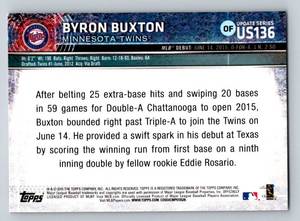 lot 145 image: Byron Buxton RC 2015 Topps Update Rookie Debut #US136 Minnesota Twins Baseball Card