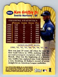lot 183 image: Ken Griffey Jr. Die Cut Insert 1999 Topps Hands of Gold #HG3 Baseball Card
