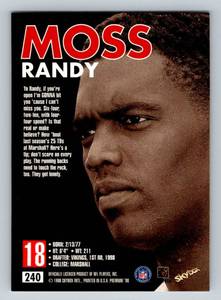lot 209 image: Randy Moss RC Premium SP - 1998 Skybox #240 Rookie Minnesota Vikings Football Card