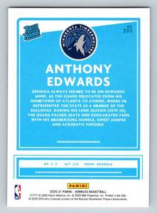 lot 216 image: Anthony Edwards RC 2020-21 Donruss Rated Rookie #210 Minnesota Timberwolves Basketball Card