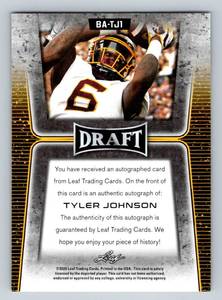 lot 239 image: Tyler Johnson Auto RC 2020 Leaf Draft #BA-TJ1 University of Minnesota Signed Football Card