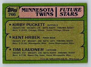 lot 242 image: Kirby Puckett  Kent Hrbek  Tim Launder 1982 Topps Future Stars #766 - Custom Card