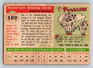 lot 9A image: Monte Irvin 1955 Topps #100 Vintage Baseball Card