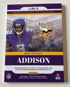 lot 4 image: Jordan Addison RC Auto Patch 149 - 2023 Plates & Patched #RPA-10, numbered 056149, Minnesota Vikings Rookie Relic Signed Football Card