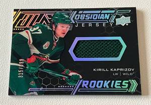 lot 7 image: Kirill Kaprizov Relic RC 399 - 2020-21 UD Black Obsidian Jersey #ORJ-KK, numbered 315399, Rare Minnesota Wild Rookie Hockey Card