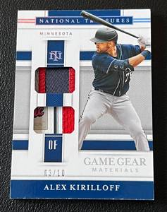 lot 13A image: Alix Kiriloff Laundry Tag Dual Patch Relic 20, 2020 National Treasures Game Gear Materials #GGM-AK, numbered 310, VERY RARE Minnesota Twins Baseball Card