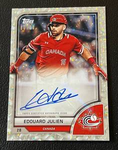 lot 15A image: Edouard Julien RC Autograph Variation 99 - 2023 Topps #AV-EJU, numbered 8099, Rare Signed Baseball Card