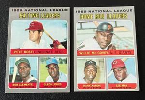 lot 20 image: 1970 Topps Leaders Cards #61 and #65 - Rose, Clemente, McCovey, Aaron and more - Vintage Baseball Card