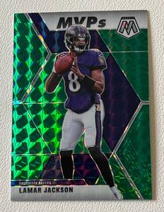 lot 37A image: Lamar Jackson 2020 Mosaic Green Prizm MVPs #296 Football Card