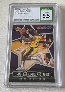 lot 70 image: LeBron James Graded 9.5 Gem Mint 2020-21 Hopps Lights Camera Action Insert #22 Basketball Card