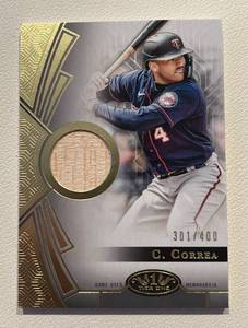 lot 82 image: Carlos Correa Bat Relic 400 - 2023 Topps Tier 1 #T1R-CCO numbered 301400 Minnesota Twins Baseball Card