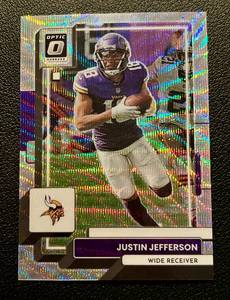 lot 91 image: Justin Jefferson 300 Wave Refractor - 2022 Donruss Optic #129, numbered 180300, Minnesota Vikings Football Card