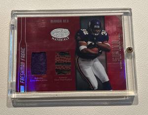 lot 92 image: Onterio Smith Dual Relic 150 - 2003 Leaf Certified Freshman Fabric #FF-161, numbered 015150, Rare Minnesota Vikings Football Card