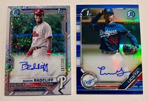lot 94 image: 2 Card Numbered Auto Lot - Edwin Uceta 150 Bowman Chrome Auto and Baron Radcliff 299 Auto Baseball Cards