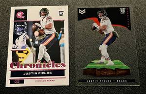 lot 96 image: Justin Fields 2 RC Lot - 2021 Chronicles Stars & Stripes #MAG-8 and Chronicles #19 Rookie Football Cards