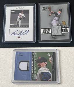 lot 109A image: Brad Radke 2 Auto and Jim Kaat Game Worn Relic Lot - 2004 Fleer Inscribed Auto 2001 UD Gold Glove Relic, 2002 Fleer Game Essentials Relic - Minnesota Twins Baseball Cards