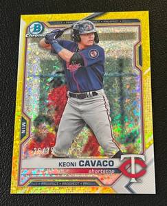 lot 129 image: Keoni Cavaco 75 Yellow Refractor 2021 Bowman Chrome Prospects #BCP-73, numbered 2675 Minnesota Twins Rookie Baseball Card