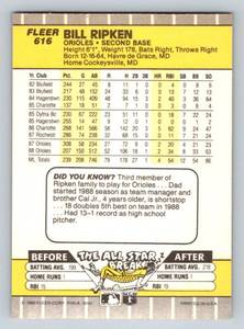 lot 6B image: Billy Ripken F Face Iconic Error Rookie Card 1989 Fleer #616 Baseball