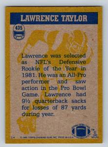 lot 72A image: Lawrence Taylor RC 1982 Topps #435 Vintage Rookie Football Card