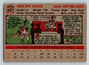 lot 135A image: 1956 Topps Hoyt Wilhelm #307 Vintage Baseball Card