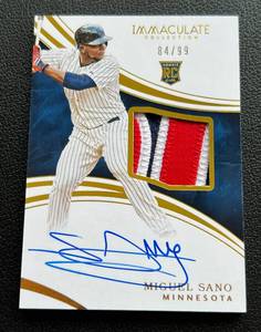 lot 59A image: Miguel Sano Auto Tri-Color Relic RC 99 - 2016 Immaculate Collection #122, numbered 8499, Rare Signed Rookie Patch Minnesota Twins Baseball Card