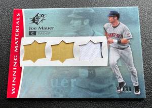 lot 61A image: Joe Mauer Relic 99 2008 SPx Winning Materials #WM-JM, numbered 7199 Rare Minnesota Twins Baseball Card
