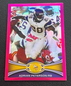 lot 210 image: Adrian Peterson Pink Refractor 399 2012 Topps Chrome #158, numbered 113399, Minnesota Vikings Football Card