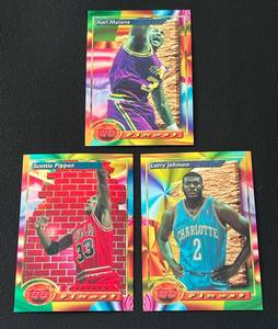 lot 225 image: Topps Finest 1994 3 Card Basketball Lot - Karl Malone, Scottie Pippen, and Larry Johnson Cards