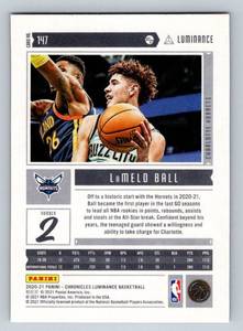 lot 198A image: LaMelo Ball RC 2020-21 Chronicles Luminance #147 Rookie Basketball Card